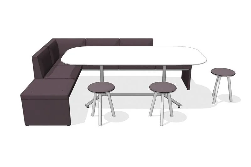Café Booth Aubergine corner booth with a white table and stools
