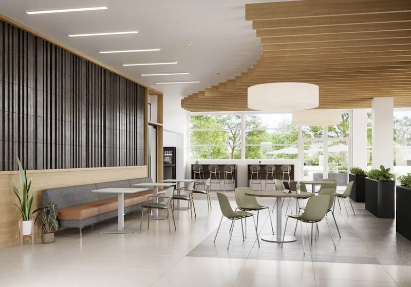 Café Dining Area Café tables and chairs under a curved wood ceiling