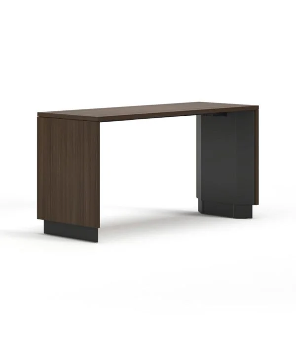 Counter Table Dark walnut counter-height table with black panel ends