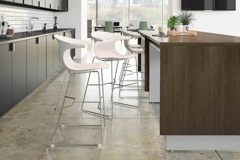 Café Counter Dark wood counter with white bar stools