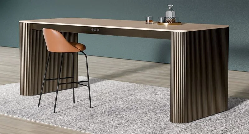 High-Top Table Dark wood high-top table with a cognac stool