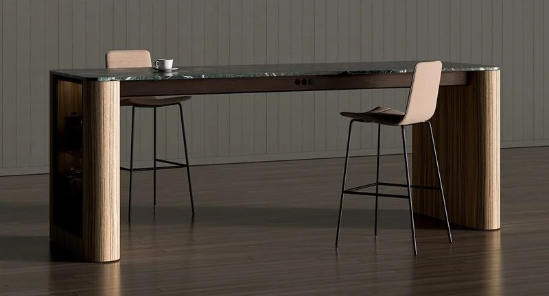 High-Top Table Dark wood high-top table with stools