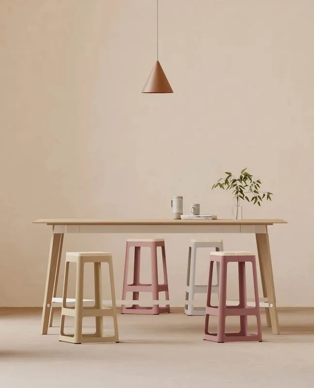 Counter Table and Stools Light wood counter table with blush stools