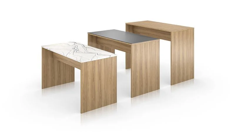 Nesting Tables Light wood nesting tables with white and black tops