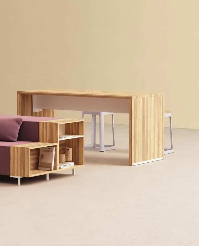 High-Top Table Oak high-top table with built-in shelving and stools