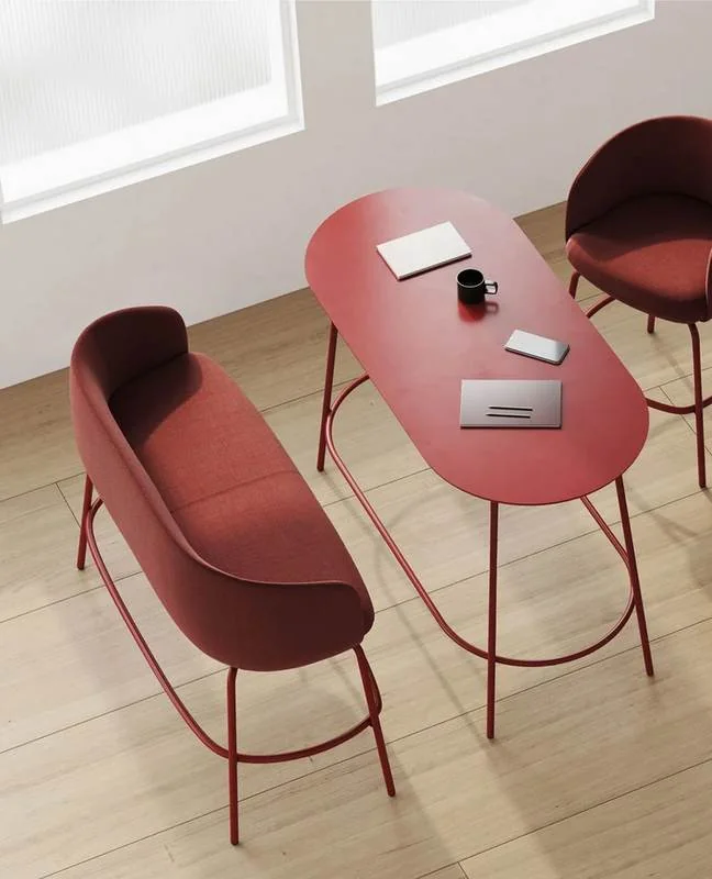 High-Top Table and Stools Red oval high-top table with burgundy stools
