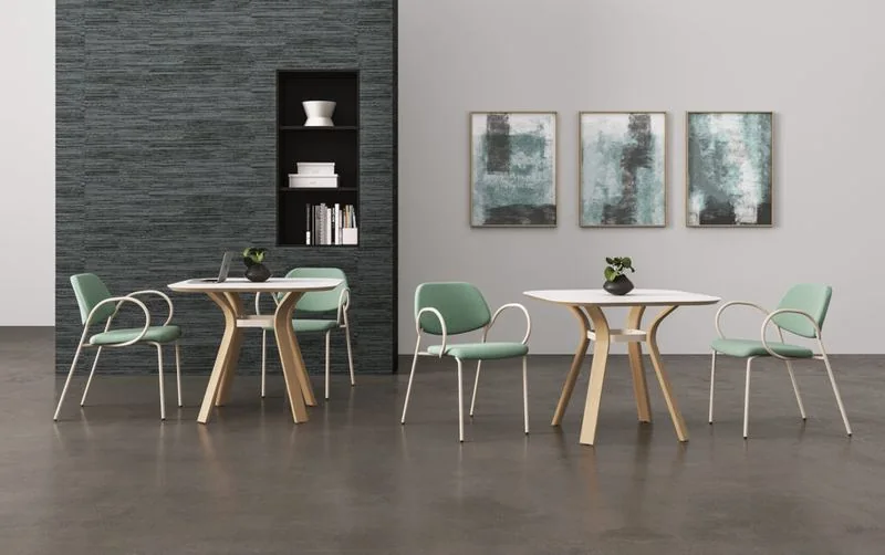 Café Table and Chairs Sage chairs at round wood tables