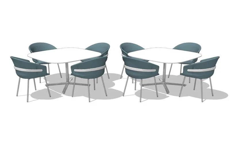 Café Table and Chairs Teal-gray chairs around white round tables