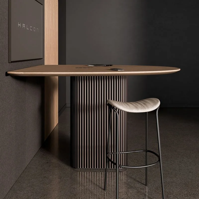 High-Top Table Walnut high-top table with a slatted base and white stool