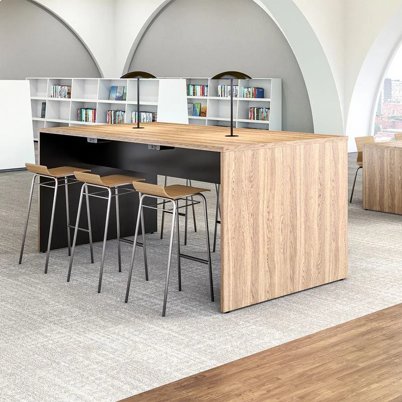 Café Island Wood café island with bar stools under arched windows