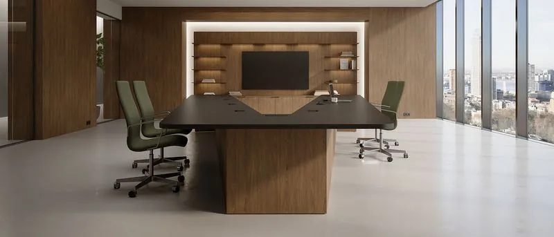 Boardroom Dark conference table in a wood-paneled boardroom