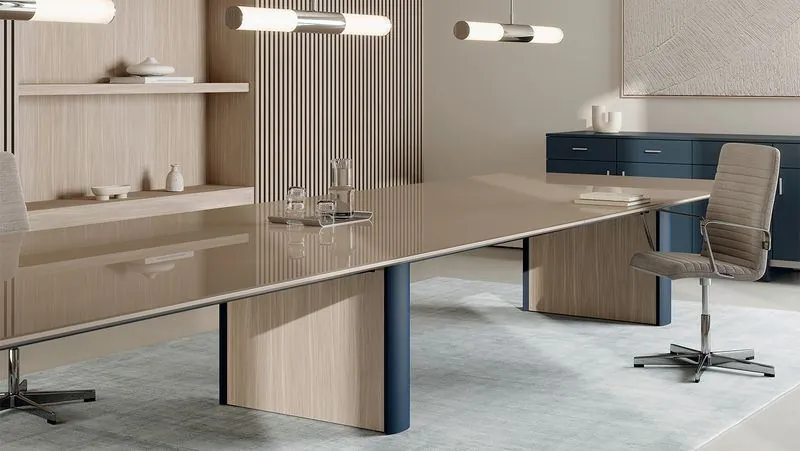 Conference Table Taupe conference table with wood panel base