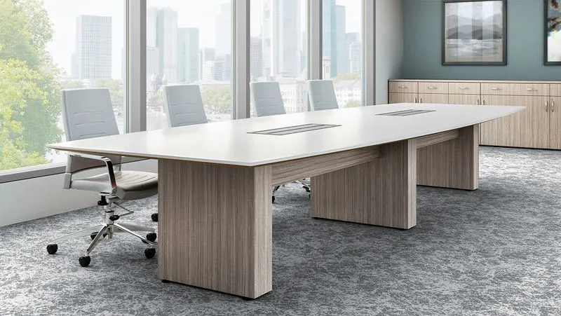 Boardroom Table White boardroom table with wood bases and city views