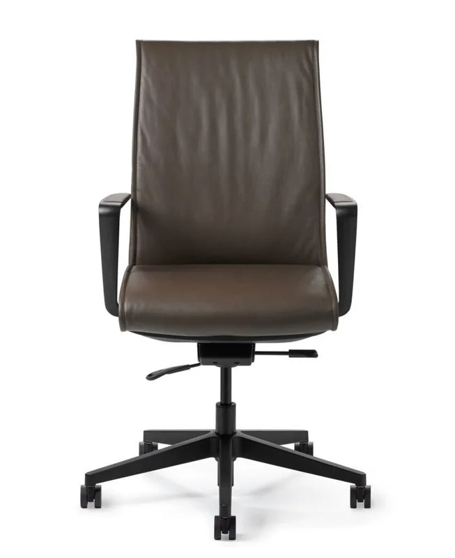 High-Back Executive Chair Dark brown leather high-back executive chair on black base