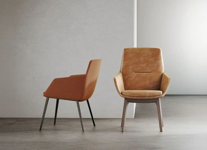 Conference Armchairs Rust and tan upholstered armchairs in a gray room