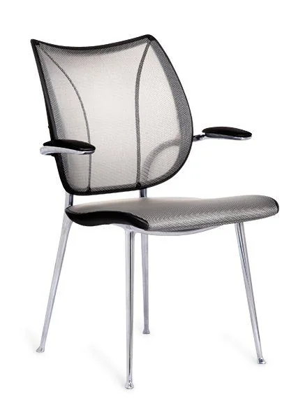 Black mesh-back guest chair with polished four-leg frame