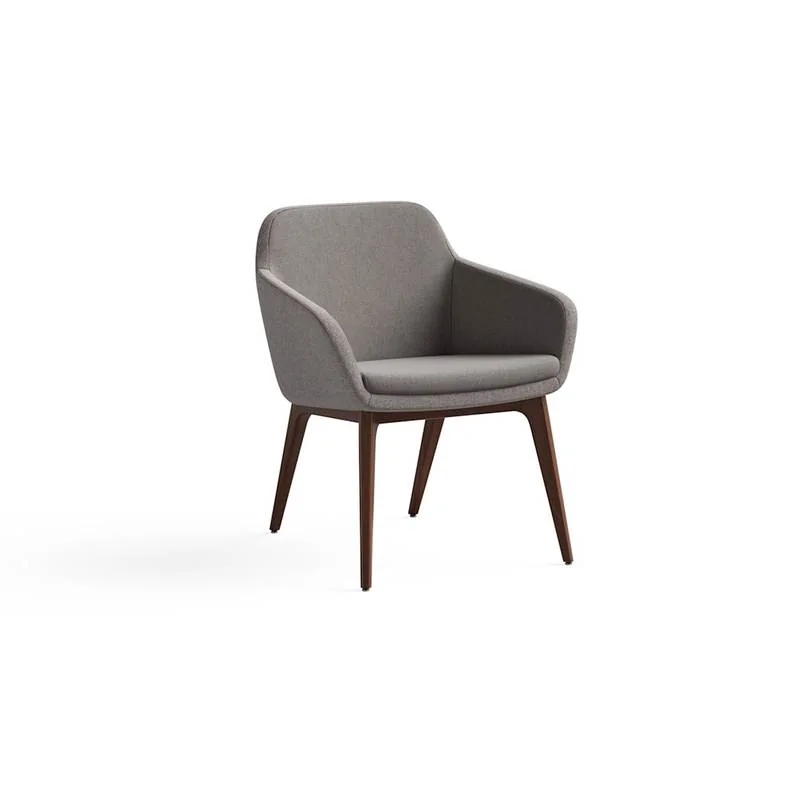 Gray upholstered guest armchair with walnut legs