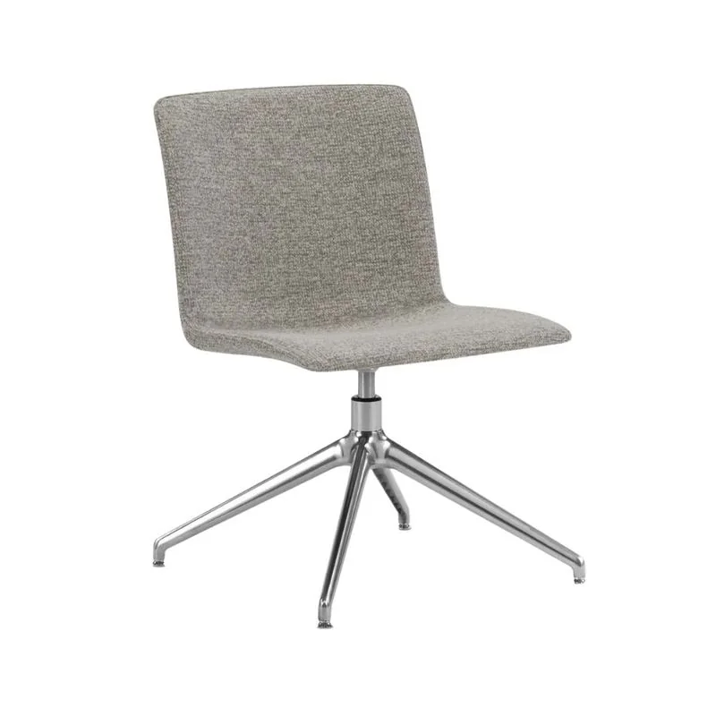 Gray upholstered side chair on polished four-star base