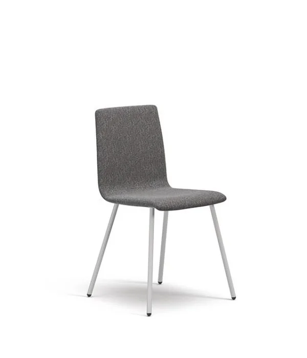 Gray upholstered side chair with chrome legs