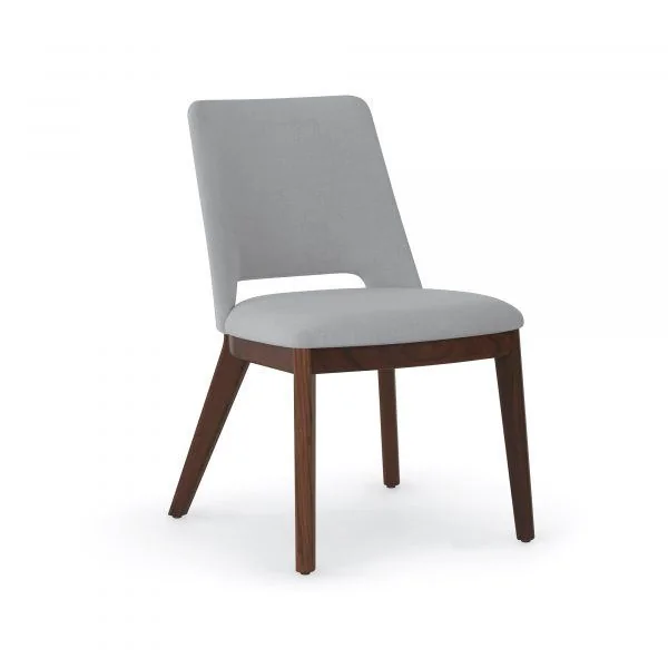 Gray upholstered side chair with walnut legs