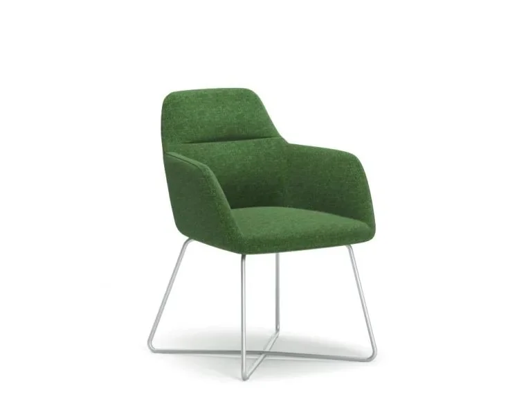 Green upholstered guest armchair on wire sled base
