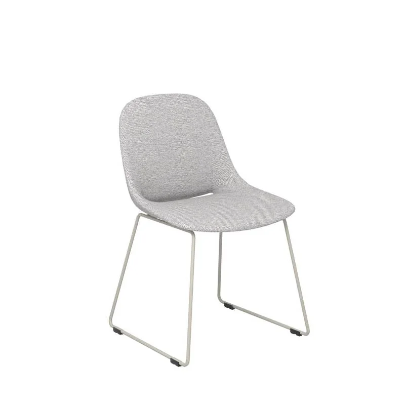 Light gray upholstered shell side chair on sled base