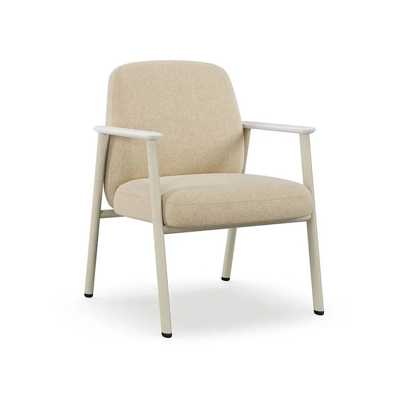Oatmeal upholstered guest armchair with light metal frame