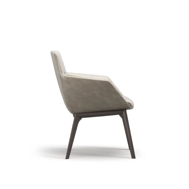 Taupe and cream upholstered guest chair, side view