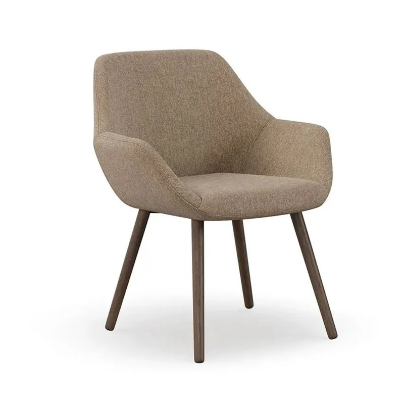 Taupe upholstered guest armchair with walnut legs