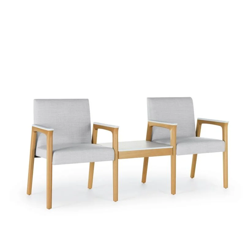 Two-seat tandem guest seating with wood legs and center table