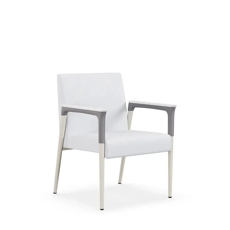 White upholstered guest armchair with gray arm caps