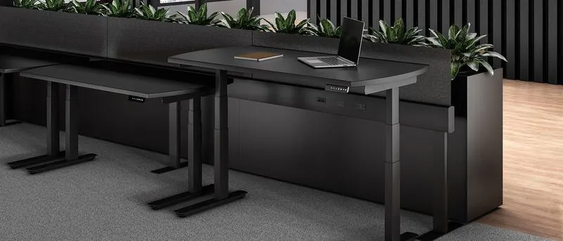 Sit-Stand Desks Black height-adjustable desks with planter dividers