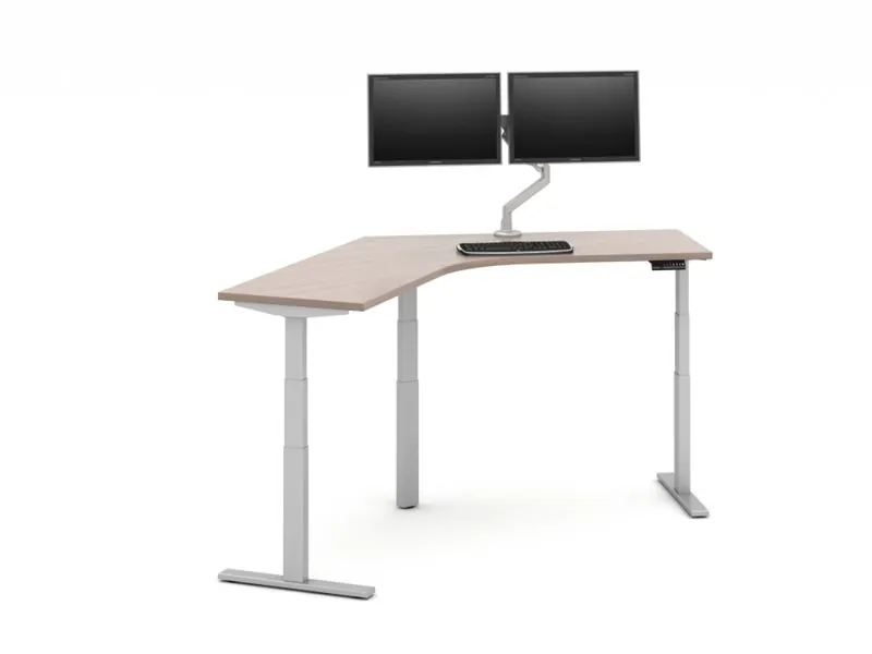 Corner Standing Desk Corner sit-stand desk with dual monitor arm