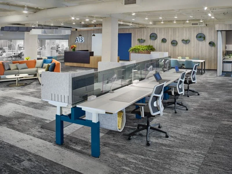 Height-Adjustable Benching Height-adjustable benching with blue bases and gray screens