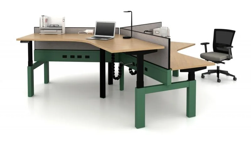 Height-Adjustable Benching Height-adjustable benching with green bases and oak tops