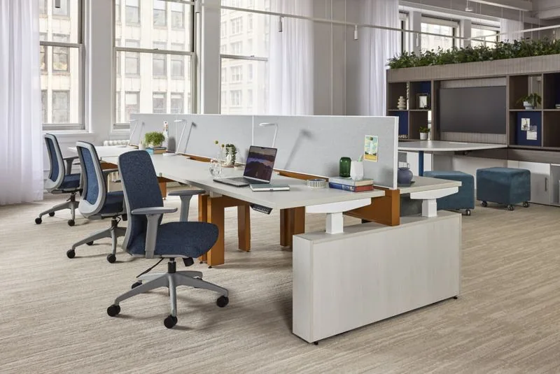 Height-Adjustable Benching Height-adjustable benching with white screens and blue chairs