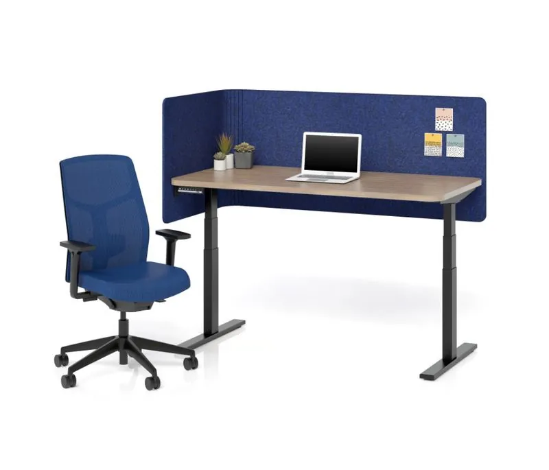 Standing Desk with Privacy Panel Height-adjustable desk with navy acoustic privacy panel and task chair