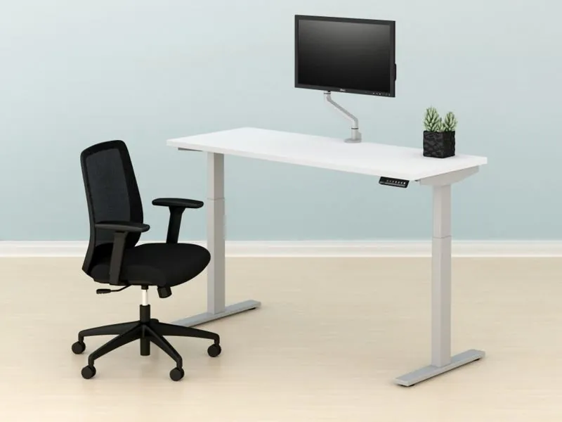 Sit-Stand Desk White sit-stand desk with monitor arm and mesh task chair