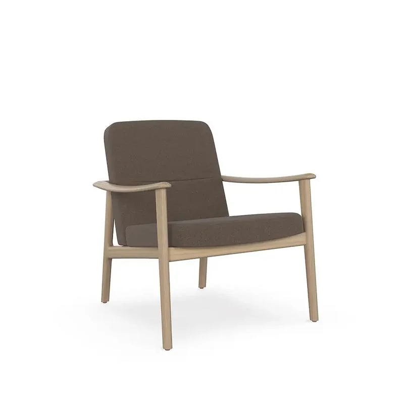 Brown upholstered lounge armchair with oak frame