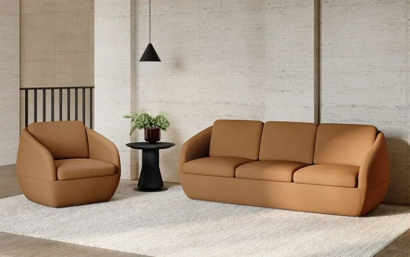 Cognac leather sofa and lounge chair