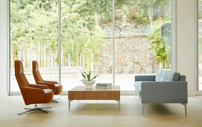 Cognac lounge chairs and gray sofa by garden windows