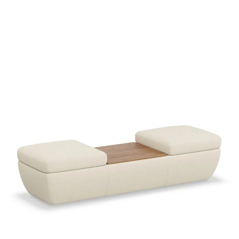 Cream upholstered bench with inset wood tray