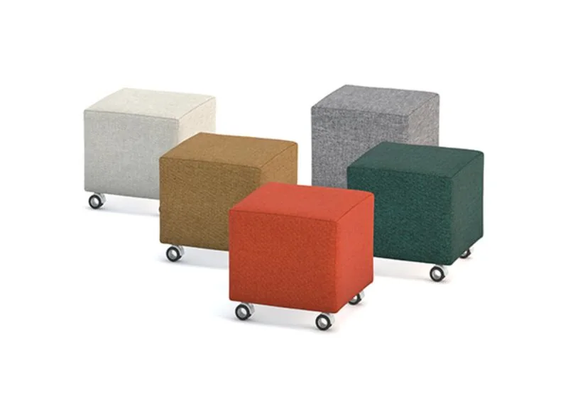 Cube ottomans on casters in orange, tan, gray and green