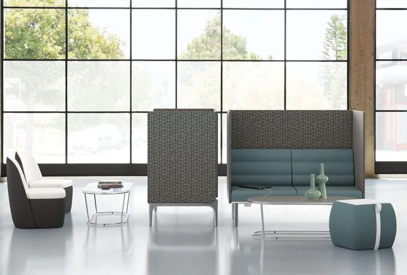 Gray high-back lounge booths