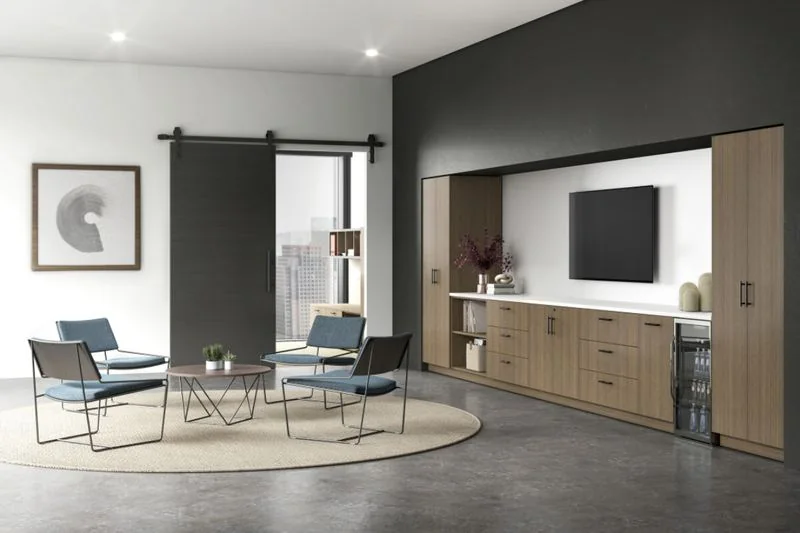 Gray lounge chairs beside white storage