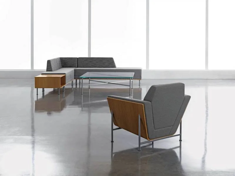 Gray modular seating with a lounge chair