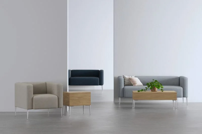 Gray modular sofas and chairs in a bright room