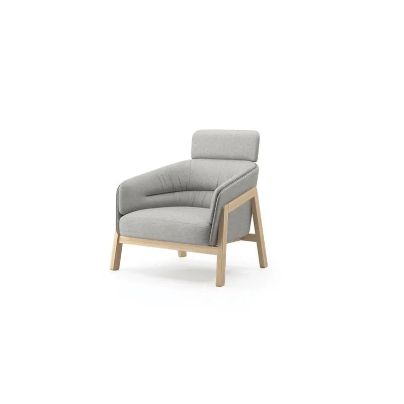 Gray upholstered lounge armchair with light wood frame