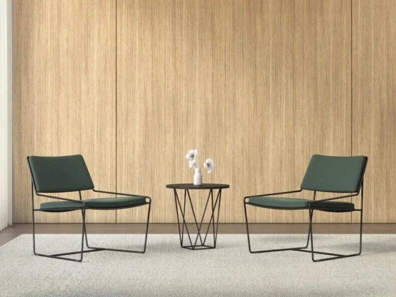 Green lounge chairs on wire frames against a wood wall