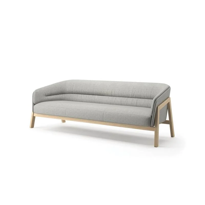 Light gray sofa on a light wood base